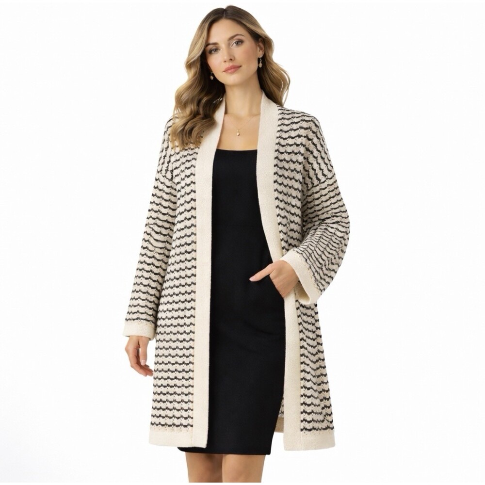 Elie Tahari Cotton Blend XL Black Ivory Striped Open Front Knit Cardigan Classic